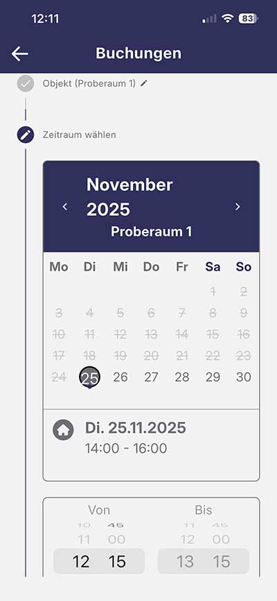 Raum, Datum, Zeitraum, Titel und optional Notiz eingeben.